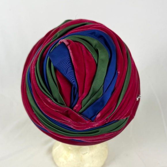 1960s Gwenn Pennington Bee Hive Hat Magenta Blue Green Velvet Turban Church Lady - Picture 10 of 12